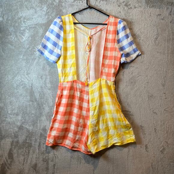 Farm Rio Colorblock Gingham Contrast Romper Size Small Linen Blend Yellow Orange - Picture 6 of 7